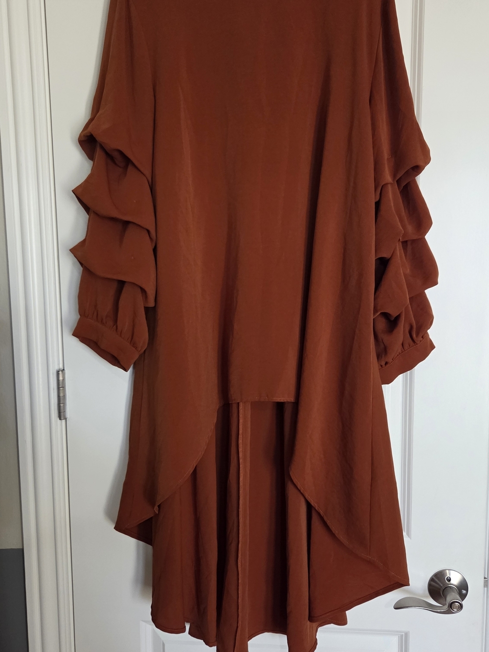 Tiered Ruffle-Sleeve High-Low Blouse in Rust Orange